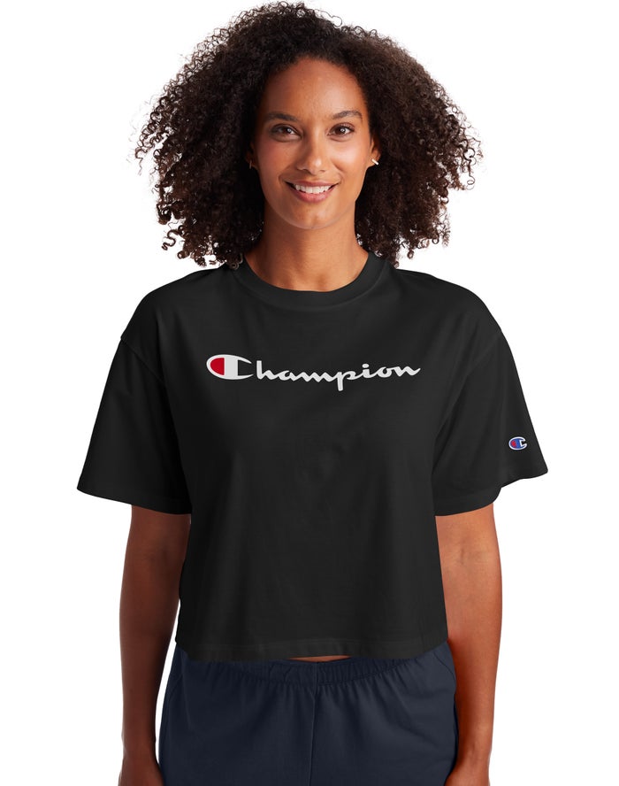 Champion T-Shirt Dames - Zwart - Cropped Script Logo ( 327496-KRJ )